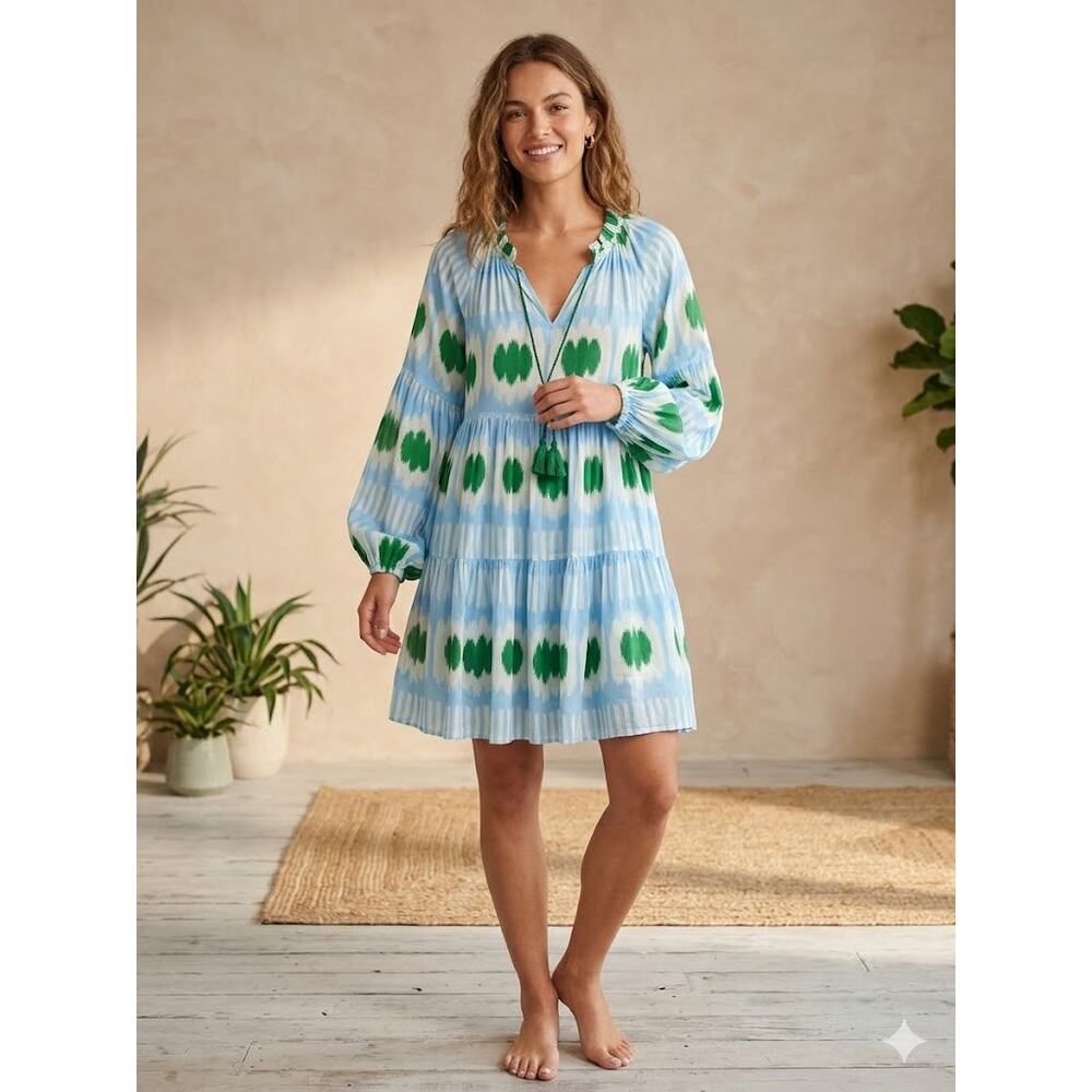 Oliphant Silk Dress XS Blue Green Ikat Tiered Mini Tassels Long Sleeves